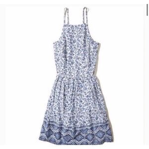 HOLLISTER White & Blue Ditsy Floral Bandana Print High Neck Lace Back Dress